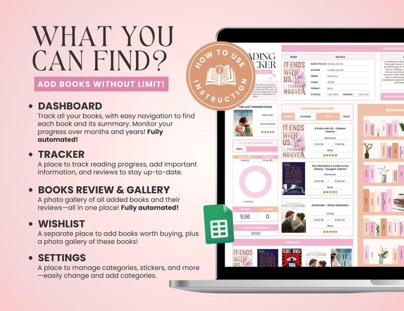 K&ouml;nnte beinhalten: Ein rosa-wei&szlig;er digitaler Planer mit dem Text "What You Can Find? Add Books Without Limit!" und einer Liste von Funktionen, darunter "Dashboard", "Tracker", "Buchrezensionen & Galerie", "Wunschliste" und "Einstellungen".