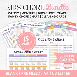 Printable Family Chore Chart | Editable chore chart for kids | Weekly chore chart Bundle | Kids responsibility chart | Daily Checklist