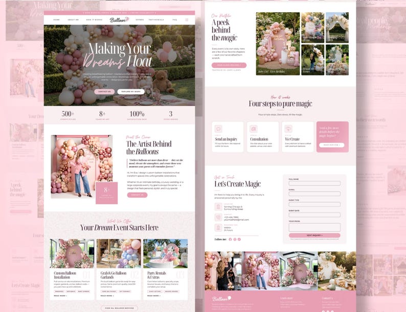 May include: A website design for a balloon decor business. The site features a soft pink color scheme with images of balloon arches and installations. Text includes "Making Your Dreams Float" and "Let's Create Magic."