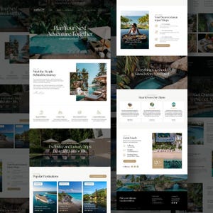 May include: A website layout with a dark background and white text. The text reads "Plan Your Next Adventure Together" and "Exclusive and luxury Trips Designed Just for You." Images of tropical destinations and luxury travel are also displayed.