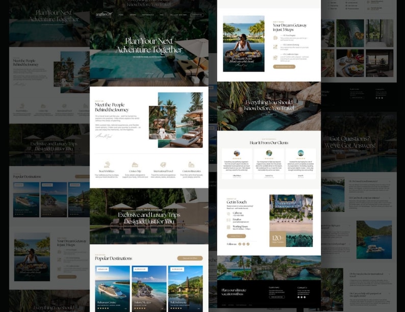 May include: A website layout with a dark background and white text. The text reads "Plan Your Next Adventure Together" and "Exclusive and luxury Trips Designed Just for You." Images of tropical destinations and luxury travel are also displayed.