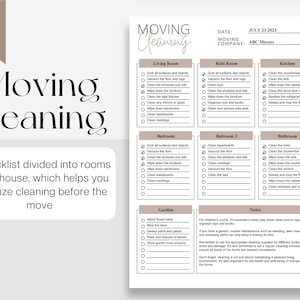 May include: A printable checklist for moving cleaning, divided into rooms, with tasks for each room, including the living room, kids room, kitchen, bedrooms, bathroom, and garden. The checklist includes a date and company section for personalization.