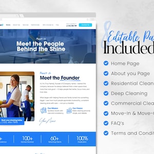 Op de afbeelding: Website-ontwerp voor een schoonmaakservice, met een blauw en wit kleurenschema. De homepage bevat secties als "Meet the People Behind the Shine" en "Meet the Founder". Bewerkbare pagina's zijn onder meer Home, About You, Residential Cleaning.
