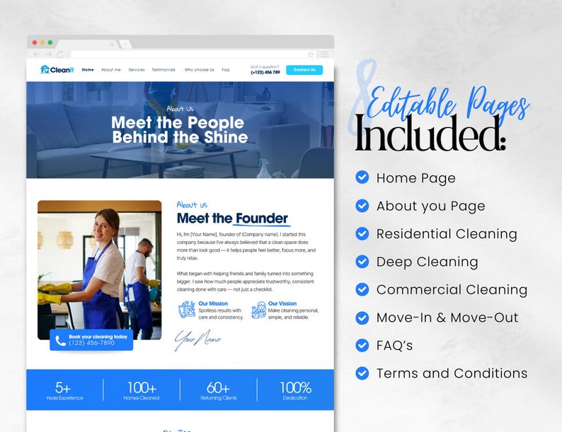 Op de afbeelding: Website-ontwerp voor een schoonmaakservice, met een blauw en wit kleurenschema. De homepage bevat secties als "Meet the People Behind the Shine" en "Meet the Founder". Bewerkbare pagina's zijn onder meer Home, About You, Residential Cleaning.