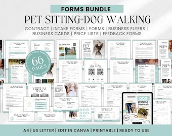 Bundel met formulieren voor huisdieroppas en hondenuitlaat: zakelijke sjablonen (bewerkbaar in canvas)