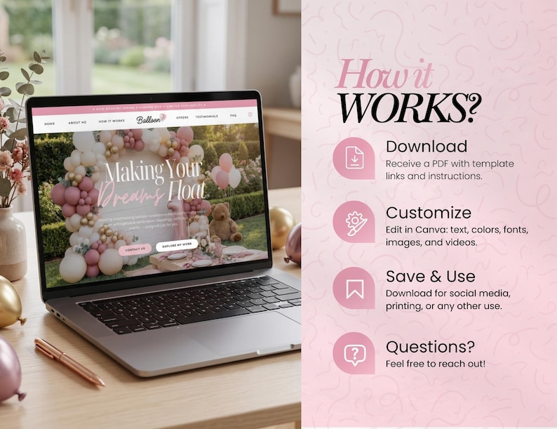 May include: A laptop displays a website with the text "Making Your Dreams Float" and a balloon arch. The screen is open on a wooden desk with a pen and decorative balloons. The right side of the image has the text "How it Works?"
