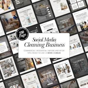以下が含まれることがあります： クリーニングビジネス向けのソーシャルメディアテンプレートのコレクション。テンプレートには、商業用および住宅用クリーニング、ヒント、ビフォーアフターの写真に関する情報が含まれており、すぐに使用できます。テキストには「クリーニング」、「クリーニングサービス」、および「ソーシャルメディアクリーニングビジネス」が含まれています。