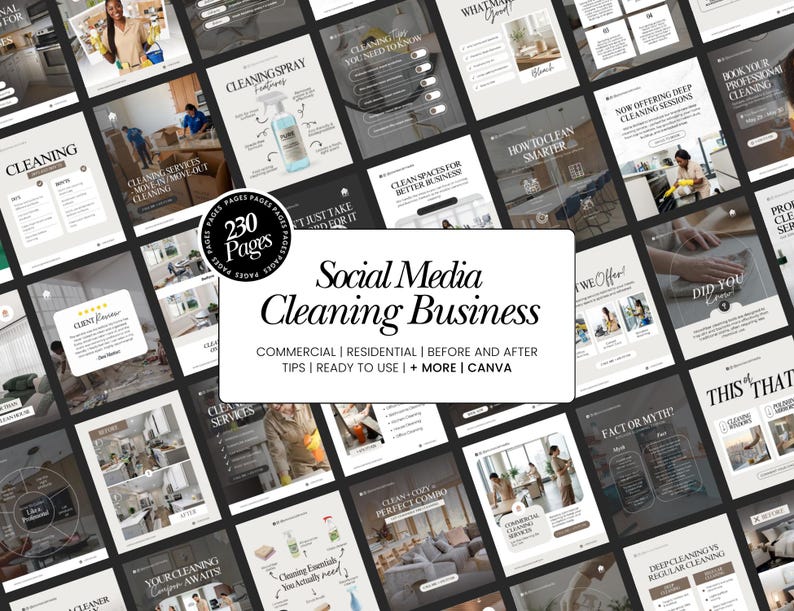May include: A collection of social media templates for a cleaning business. The templates include information on commercial and residential cleaning, tips, before and after photos, and are ready to use. The text on the templates includes "Cleaning", "Cleaning Services", and "Social Media Cleaning Business".