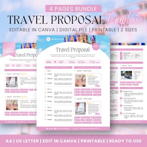 May include: A pink and white travel proposal template with the text "Travel Proposal Template" in a bold black font. The template is editable in Canva and includes four pages. The template is available in two sizes: A4 and US Letter.