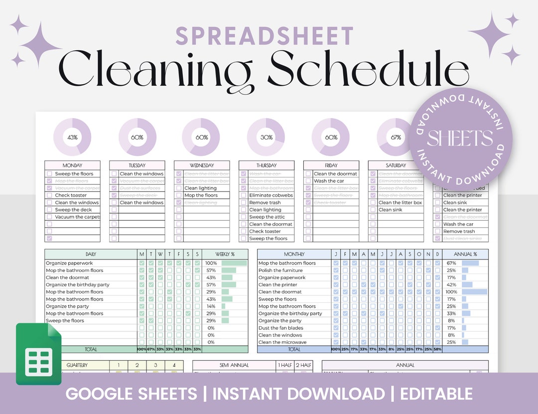 Cleaning Schedule Template, Google Sheets, Digital Cleaning Checklist
