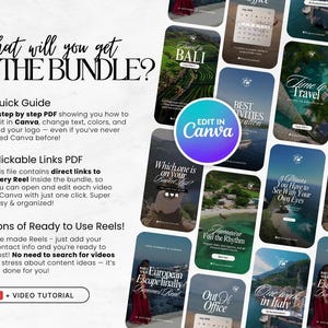 K&ouml;nnte beinhalten: Ein digitales Produktpaket mit Social-Media-Vorlagen zum Thema Reisen. Das Bild zeigt Vorlagen mit Zielen wie Bali, Italien und Jamaika, zusammen mit dem Text "Edit in Canva". Das Paket enth&auml;lt eine Kurzanleitung, anklickbare Links und gebrauchsfertige Reels.