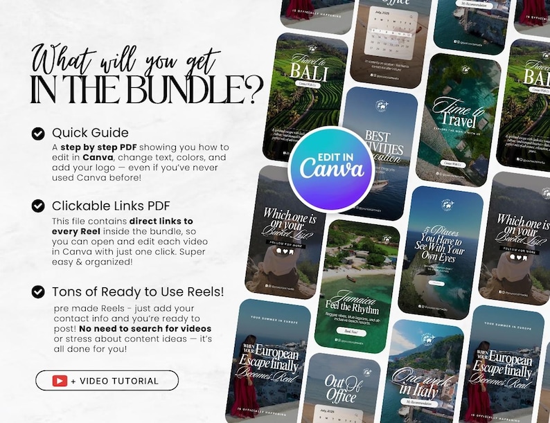K&ouml;nnte beinhalten: Ein digitales Produktpaket mit Social-Media-Vorlagen zum Thema Reisen. Das Bild zeigt Vorlagen mit Zielen wie Bali, Italien und Jamaika, zusammen mit dem Text "Edit in Canva". Das Paket enth&auml;lt eine Kurzanleitung, anklickbare Links und gebrauchsfertige Reels.