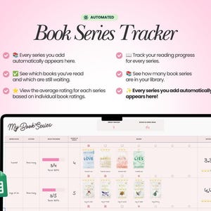 May include: A digital book series tracker interface displayed on a screen with a pink background. The layout includes columns for series name, author, progress bars, book counts, book cover thumbnails, and ratings. Text includes Book Series Tracker.