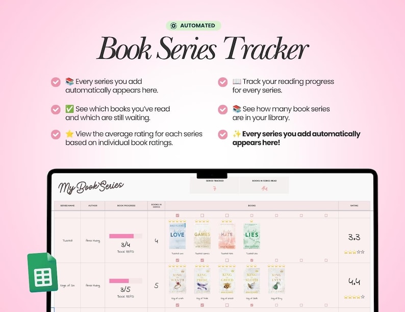 May include: A digital book series tracker interface displayed on a screen with a pink background. The layout includes columns for series name, author, progress bars, book counts, book cover thumbnails, and ratings. Text includes Book Series Tracker.