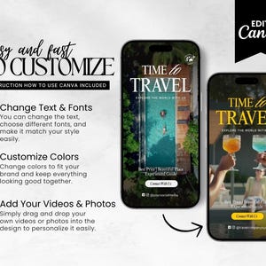 K&ouml;nnte beinhalten: Zwei Smartphones mit Designs zum Thema Reisen. Eines zeigt eine Poolszene, das andere Cocktails. Der Text enth&auml;lt "Time to Travel" und Anweisungen zur Anpassung der Designs in Canva.