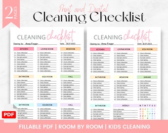 May include: Printable cleaning checklist with a pink and green color scheme. The checklist is divided into rooms, including kitchen, living room, bedroom, bathroom, kids room, hall, and garage. It also includes a weekly cleaning checklist with a color-coded calendar.