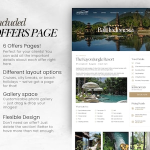 May include: A website design showcasing a travel resort in Bali, Indonesia. The page includes details about the resort, travel information, and pricing. The design highlights offers pages, layout options, gallery space, and flexible design features.