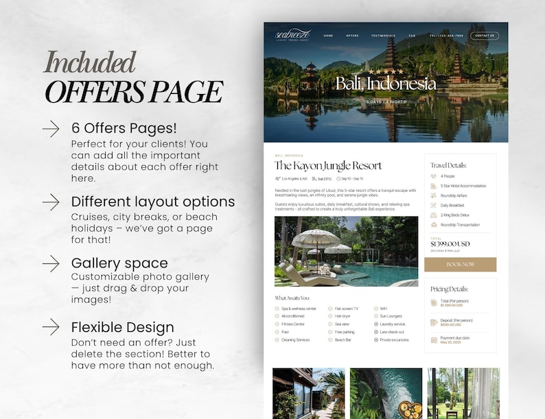 May include: A website design showcasing a travel resort in Bali, Indonesia. The page includes details about the resort, travel information, and pricing. The design highlights offers pages, layout options, gallery space, and flexible design features.