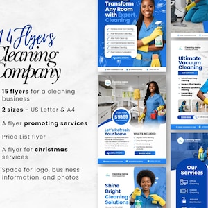 May include: A collection of 15 flyers for a cleaning company, in US Letter and A4 sizes. The flyers promote services, include a price list, and offer space for logos and photos. The flyers are designed for a cleaning business.
