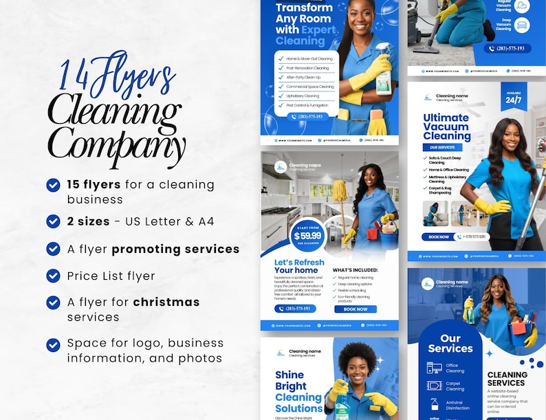 May include: A collection of 15 flyers for a cleaning company, in US Letter and A4 sizes. The flyers promote services, include a price list, and offer space for logos and photos. The flyers are designed for a cleaning business.