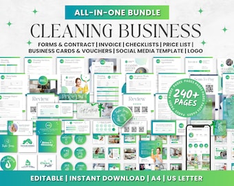 Puede incluir: Un paquete de marketing digital verde y blanco para un negocio de limpieza. El paquete incluye formularios, contratos, facturas, listas de verificación, listas de precios, tarjetas de visita, vales, plantillas de redes sociales y un logotipo. El texto "ALL-IN-ONE BUNDLE" y "CLEANING BUSINESS" se muestra en la parte superior de la imagen. El texto "240+ PAGES" se muestra en un círculo verde en el centro de la imagen. El texto "EDITABLE | INSTANT DOWNLOAD | A4 | US LETTER" se muestra en la parte inferior de la imagen.