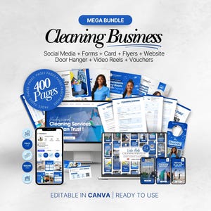 May include: A promotional image for a cleaning business bundle. The image includes a computer, phone, and tablet displaying website and social media templates. The text includes "Cleaning Business," "400 Pages," and "Editable in Canva | Ready to Use."