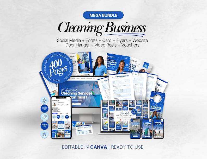 May include: A promotional image for a cleaning business bundle. The image includes a computer, phone, and tablet displaying website and social media templates. The text includes "Cleaning Business," "400 Pages," and "Editable in Canva | Ready to Use."