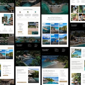 May include: A collection of website page designs with a travel theme. The pages feature images of tropical destinations, text such as "Our Destinations" and "Seychelles Island Retreat", and various layout elements in a dark and gold color scheme.
