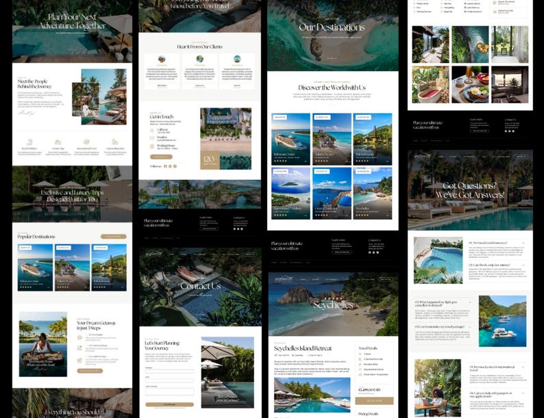 May include: A collection of website page designs with a travel theme. The pages feature images of tropical destinations, text such as "Our Destinations" and "Seychelles Island Retreat", and various layout elements in a dark and gold color scheme.