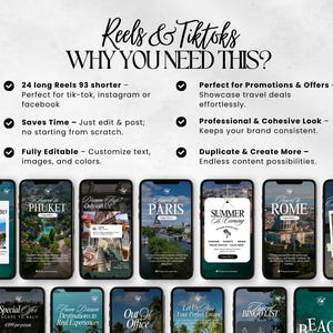 K&ouml;nnte beinhalten: Werbebild f&uuml;r Reels und TikToks, das Vorlagen zum Thema Reisen auf Smartphones zeigt. Das Bild enth&auml;lt Texte wie "Rio de Janeiro", "Phuket" und "Paris" sowie Funktionen wie "Vollst&auml;ndig bearbeitbar" und "Spart Zeit".