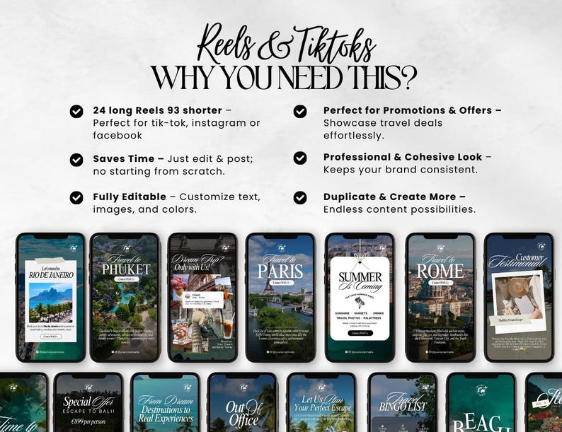 K&ouml;nnte beinhalten: Werbebild f&uuml;r Reels und TikToks, das Vorlagen zum Thema Reisen auf Smartphones zeigt. Das Bild enth&auml;lt Texte wie "Rio de Janeiro", "Phuket" und "Paris" sowie Funktionen wie "Vollst&auml;ndig bearbeitbar" und "Spart Zeit".