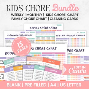 Kids Chore Chart Bundle | Editable Family Chore Chart | Kids cleaning schedule | Printable Clenaing Checklist | Family to do list template