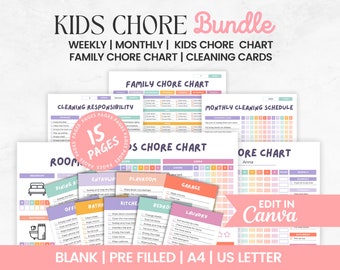 Kids Chore Chart Bundle | Editable Family Chore Chart | Kids cleaning schedule | Printable Clenaing Checklist | Family to do list template