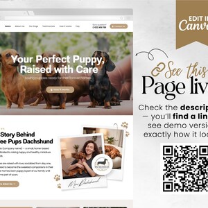 Puede incluir: Dise&ntilde;o de sitio web con el t&iacute;tulo "Your Perfect Puppy, Raised with Care" y fotos de perros salchicha. El sitio promociona un peque&ntilde;o criadero familiar. El dise&ntilde;o incluye el texto "Edit in Canva" y un c&oacute;digo QR.