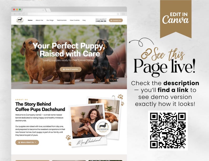 Puede incluir: Dise&ntilde;o de sitio web con el t&iacute;tulo "Your Perfect Puppy, Raised with Care" y fotos de perros salchicha. El sitio promociona un peque&ntilde;o criadero familiar. El dise&ntilde;o incluye el texto "Edit in Canva" y un c&oacute;digo QR.