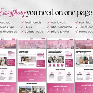 K&ouml;nnte beinhalten: Ein Website-Design in Rosa und Wei&szlig; mit dem Text "Everything you need on one page". Das Design hebt Dienstleistungen, Testimonials und Kontaktdaten hervor. Vier verschiedene Webseiten-Layouts werden gezeigt.