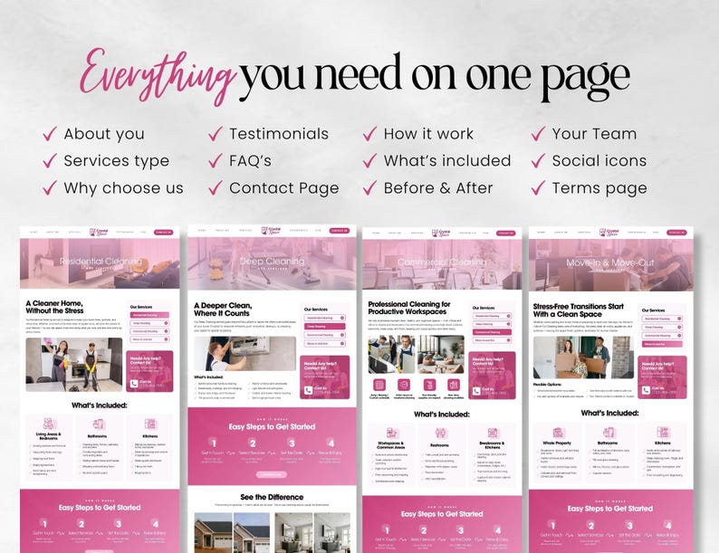 K&ouml;nnte beinhalten: Ein Website-Design in Rosa und Wei&szlig; mit dem Text "Everything you need on one page". Das Design hebt Dienstleistungen, Testimonials und Kontaktdaten hervor. Vier verschiedene Webseiten-Layouts werden gezeigt.