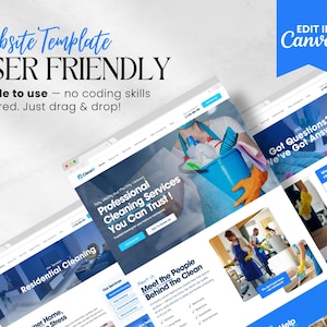 Op de afbeelding: Een website template met de tekst "Website Template USER FRIENDLY" in zwart en blauw. De template toont website-ontwerpen voor een schoonmaakbedrijf, met de tekst "Professional Cleaning Services You Can Trust!" en "Residential Cleaning". De afbeelding bevat ook de tekst "Edit in Canva".