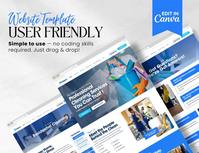 Op de afbeelding: Een website template met de tekst "Website Template USER FRIENDLY" in zwart en blauw. De template toont website-ontwerpen voor een schoonmaakbedrijf, met de tekst "Professional Cleaning Services You Can Trust!" en "Residential Cleaning". De afbeelding bevat ook de tekst "Edit in Canva".
