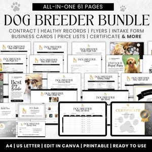 Hundezüchter Vertragsvereinbarung Vorlage, Welpen Verkauf & Adoptionsformen, Hundewelpen Charts/Aufzeichnungen, Welpen Bill of Sale, Anzahlungsbeleg CANVA