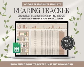 May include: A Google Spreadsheet template for a reading tracker. The template includes a bookshelf tracker, star rating, and book summary. The template is designed for book lovers and can track up to 50 books.