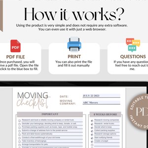 May include: A digital checklist for moving, with a screen showing the checklist and a section for important dates and the moving company. The checklist includes tasks like researching moving companies, decluttering belongings, and packing boxes. The date is July 23, 2023, and the moving company is ABC Movers. The image also includes a PDF icon with the text "Editable Template PDF Instant Download".