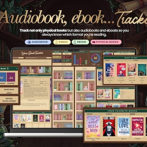 May include: A digital book tracker interface on a laptop screen, displaying book covers, progress bars, and reading statistics. The text reads "Audiobook, ebook... Tracker" and "Your Book Tracker". The interface tracks audiobooks, ebooks, and physical books.