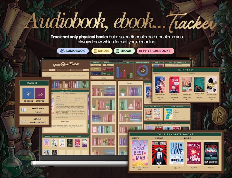 May include: A digital book tracker interface on a laptop screen, displaying book covers, progress bars, and reading statistics. The text reads "Audiobook, ebook... Tracker" and "Your Book Tracker". The interface tracks audiobooks, ebooks, and physical books.