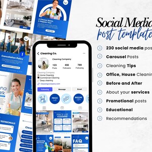 May include: A social media post template with a blue and white design. The template includes 230 posts, carousel posts, cleaning tips, and before and after examples. The image also shows a phone with a cleaning company profile.