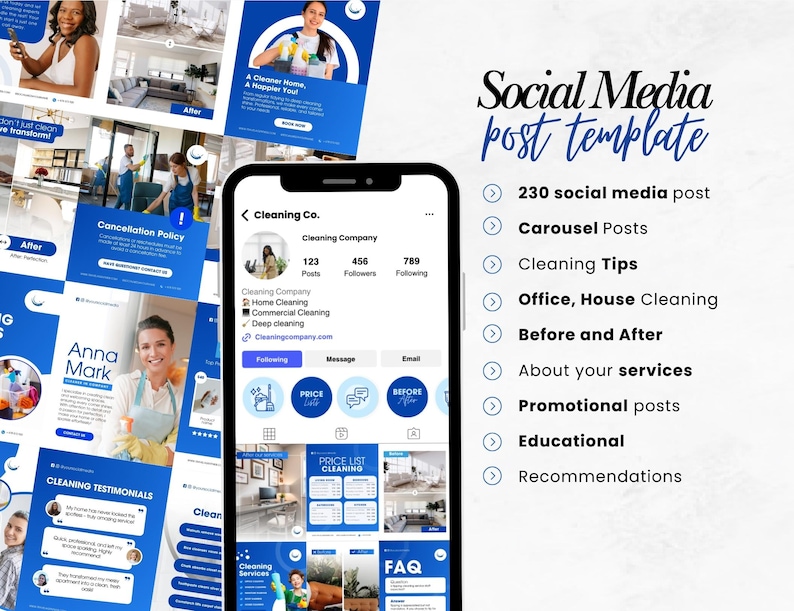 May include: A social media post template with a blue and white design. The template includes 230 posts, carousel posts, cleaning tips, and before and after examples. The image also shows a phone with a cleaning company profile.