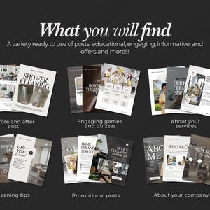 May include: A promotional image with the text "What you will find" and various examples of social media posts. The posts cover topics like cleaning tips, promotional content, and company information. The image is on a dark background.