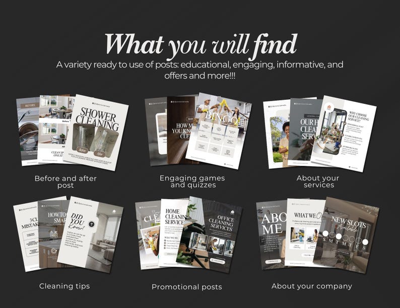 May include: A promotional image with the text "What you will find" and various examples of social media posts. The posts cover topics like cleaning tips, promotional content, and company information. The image is on a dark background.