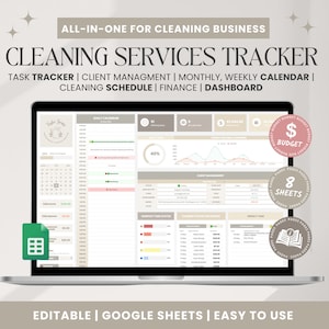May include: A laptop screen displaying a Google Sheets spreadsheet with a cleaning services tracker. The spreadsheet has 8 sheets and includes a monthly calendar, task tracker, client management, cleaning schedule, finance, and dashboard. The spreadsheet is labeled "Cleaning Services Tracker" and is described as "All-in-one for cleaning business".