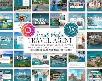 Travel Agent Social Media Template Bundle, Travel Agent Social Media, Travel Blogger Content, Travel Agency Marketing, Instagram Post, Canva